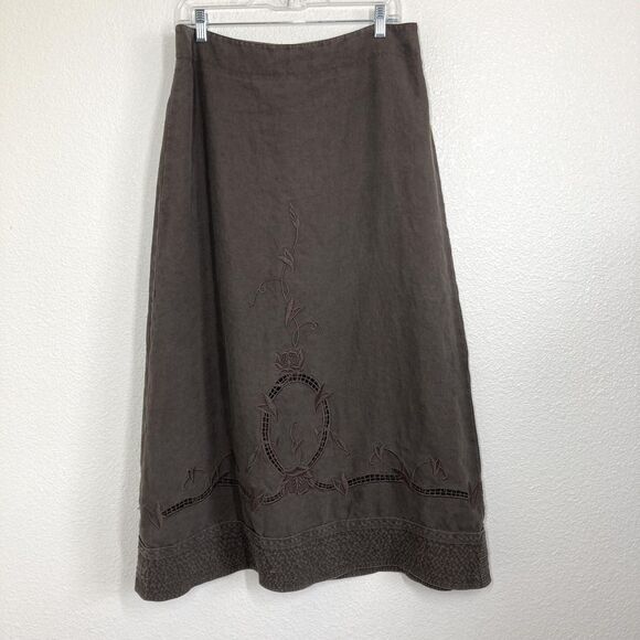 Cabi Skirt Womens 10 Brown Linen Embroidered A-Line Floral Boho Midi Style 463 - Picture 1 of 14